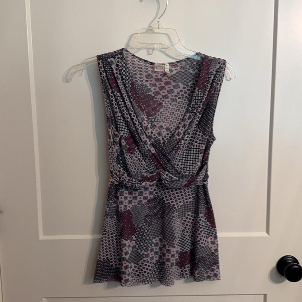 Johnny Heaven Blouse Sz M Gray Geometric Mesh Surplice Wrap Top Boho Sleeveless
